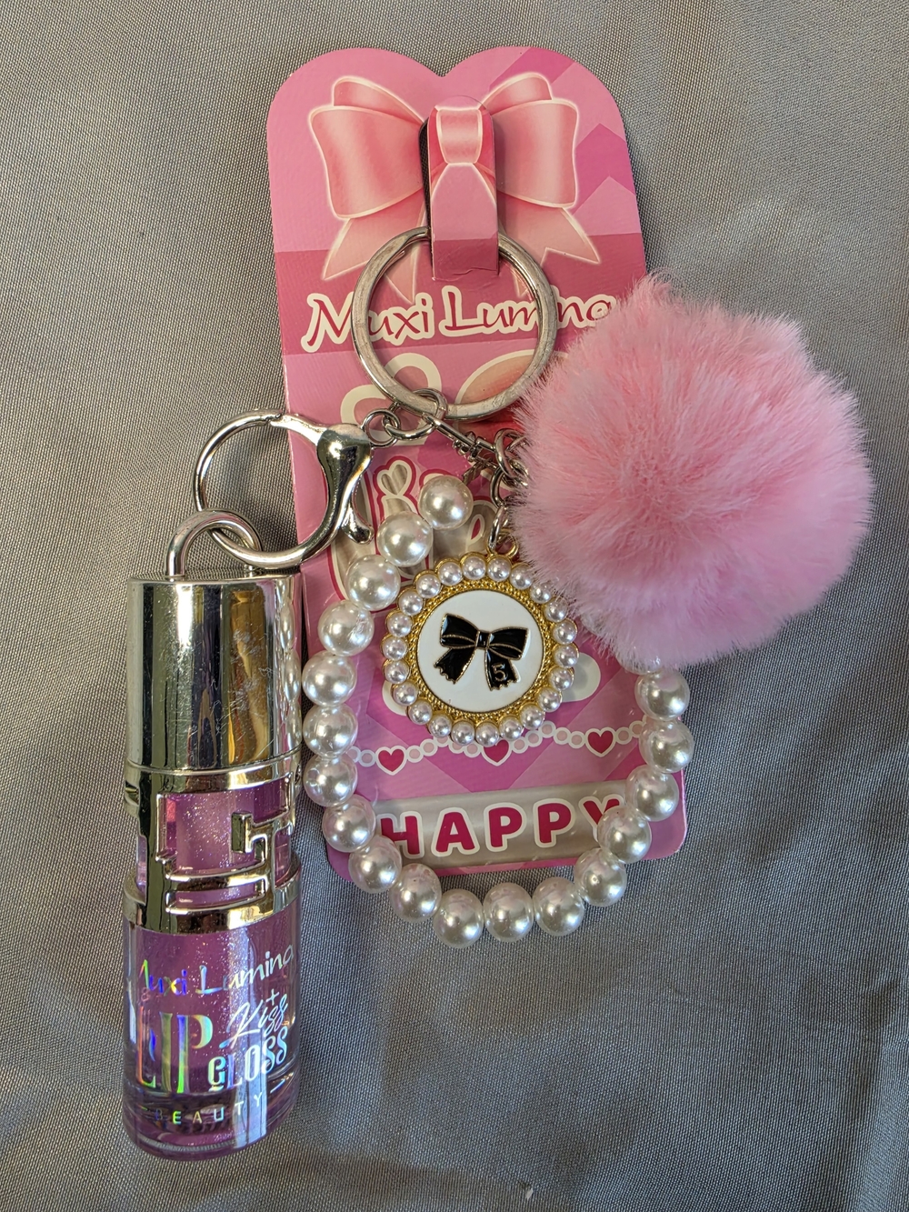 Pink Pearl Pom-Pom Keychain with Lip Gloss Charm